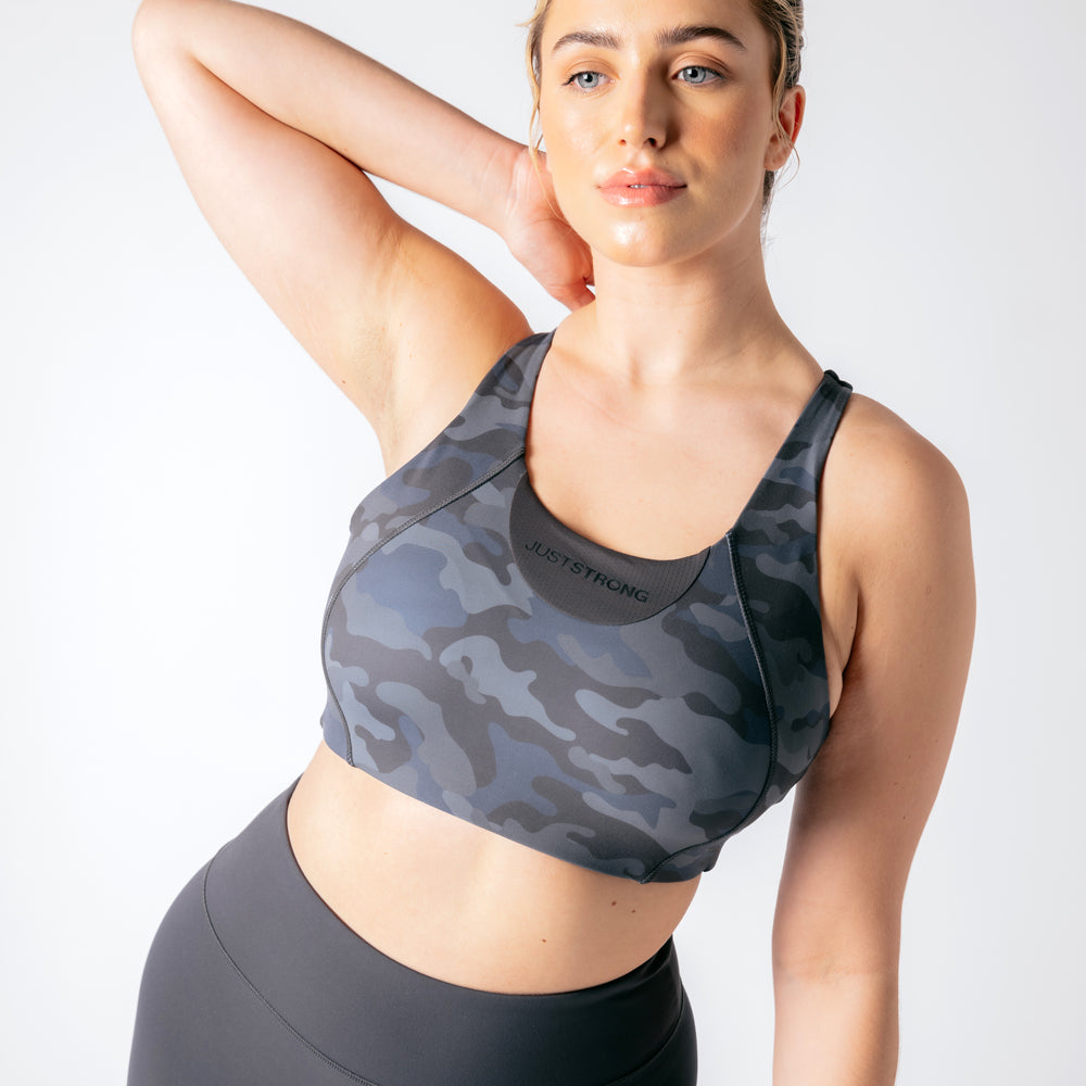 Vertex Camo Multi Strap Sports Bra - Washed Black